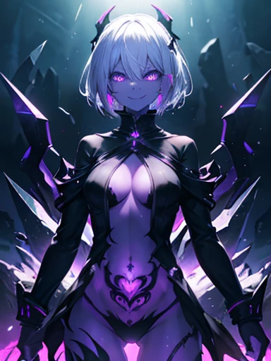 Horror Art, masterpiece, (Dark Anime Alien Girl), ((Purple skin)), White Steel Hair, Bright, shining green eyes, Beautiful Anime Girls, Black cloth, sharp short clothes, Dark fantasy setting, Holds a lamp of cold, irrational light made of cast iron, Dark Cave,Ray Tracing, masterpiece, Highest quality, super high quality, Absurd detailed, best Light, Best Shadow, sharp, sharp image, detailed, extremely detailed, Amazing resolution, 8K, 4K, Ultra-high resolution, Particle Effects, Beautiful Effects, Vibrant colors, neon Light, neon, Light,(corruption:1.2),(Hollow Eyes:1.2),(Groin tattoo:1.3),(Lower abdomen tattoo:1.3),(Wicked Smile:1.3),