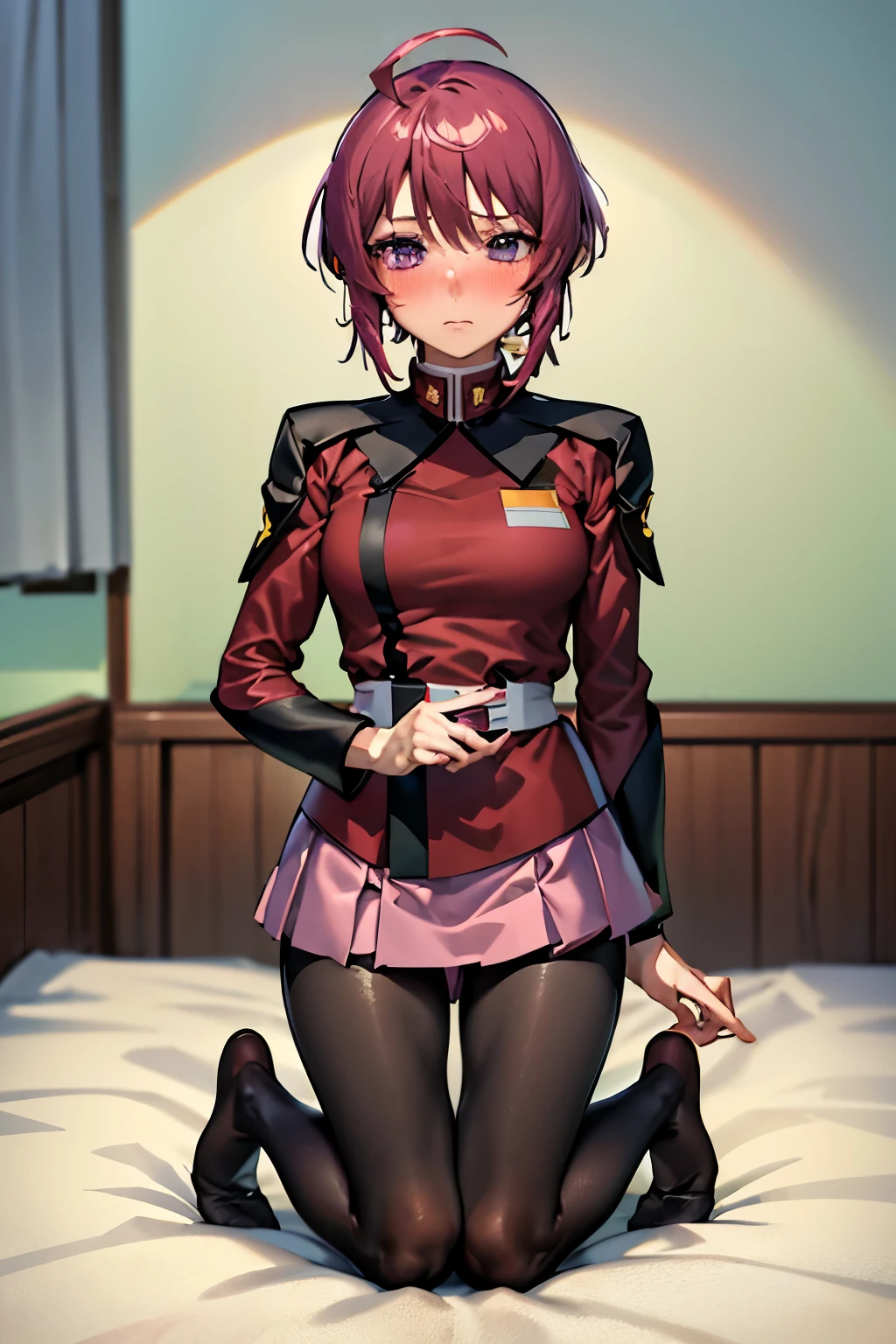 (Highest quality:1.1), (masterpiece:1.4), (Absurd:1.0),
One Girl、1girl, 独奏, short hair, ahoge, red hair, purple eyes, purple hair, pink skirt, military uniform中くらいの胸、Looking at the audience、Bedroom、(blush:1.2)、Embarrassed expression、((pantyhose))、Kneeling、(Pull up your skirt)、(Black Panties)
