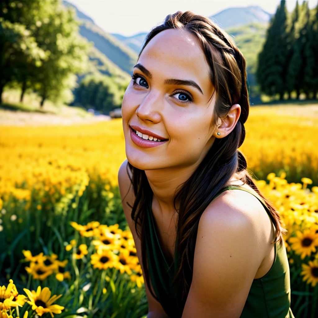 Masterpiece, absurdres,award winning photo, extremely detailed, amazing, fine detail, extremely detailed eyes and face, by lee jeffries nikon d850 film stock photograph 4 kodak portra 400 camera f1.6 lens rich colors hyper realistic lifelike texture dramatic lighting unrealengine trending on artstation cinestill 800 tungsten, beautiful 25 years old woman, smiling, excited, NativAm, a woman in a native dress , wearing NativAm, feathers on her head , braids, sitting on the green grass, flowers, mountains behind with her animals