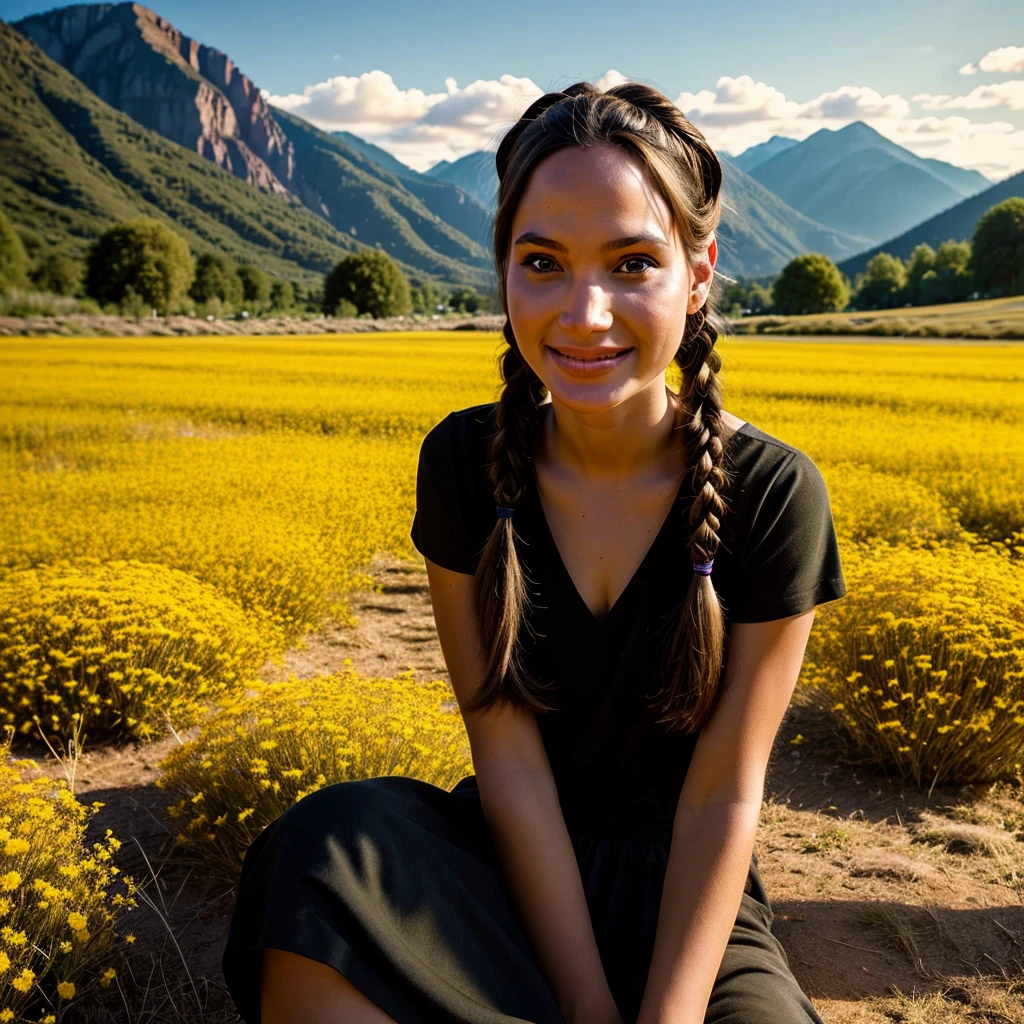 Masterpiece, absurdres,award winning photo, extremely detailed, amazing, fine detail, extremely detailed eyes and face, by lee jeffries nikon d850 film stock photograph 4 kodak portra 400 camera f1.6 lens rich colors hyper realistic lifelike texture dramatic lighting unrealengine trending on artstation cinestill 800 tungsten, beautiful 25 years old woman, smiling, excited, NativAm, a woman in a native dress , wearing NativAm, feathers on her head , braids, sitting on the green grass, flowers, mountains behind with her animals