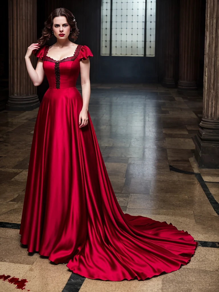 (Thirty year old) Hayley Atwell, standing, wearing a (floor length scarlet red Victorian dress:1.2), beautiful legs, dreamy photo, dramatic pose, looking straight at camera, intense stare, slight smile, blood red lips, dark eye make-up, beautiful landscape, Victorian gothic, gothic architecture, misty, andre kohn, Canon, (Detailed features::1.2), real life.