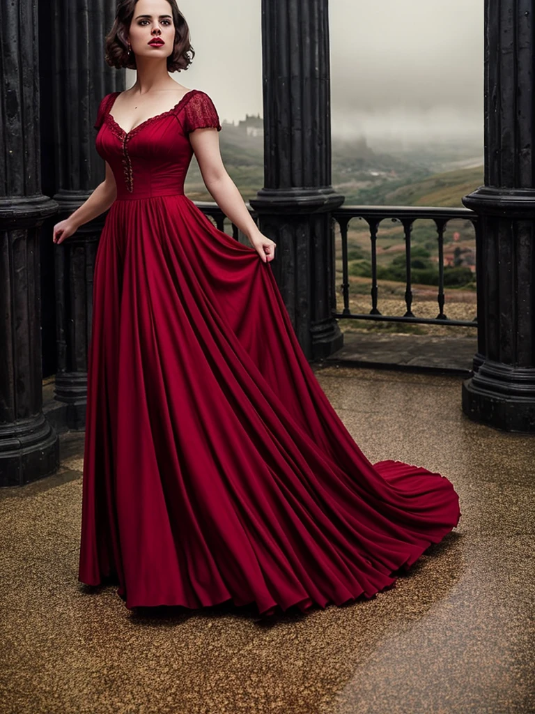 (Thirty year old) Hayley Atwell, standing, wearing a (floor length scarlet red Victorian dress:1.2), beautiful legs, dreamy photo, dramatic pose, looking straight at camera, intense stare, slight smile, blood red lips, dark eye make-up, beautiful landscape, Victorian gothic, gothic architecture, misty, andre kohn, Canon, (Detailed features::1.2), real life.