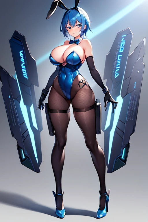 1girl, blue hair, large breasts, bunny ears, rabbit ears, wide hips, bodysuit, black bodysuit, short hair, very short hair, science-fiction, tech, futuristic, machinery, full body, ((full body)), smile, light smile, robot girl, drone, high heels, fishnets, fishnet pantyhose,