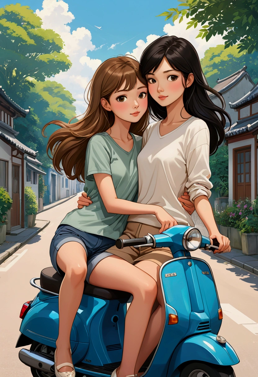 TWO beautiful Sarah Kay-style women, deeply in love. One with semi-short light brown hair, STRAIGHT, dressed casually, delicate British features, sitting hugging the other young woman with long black hair, STRAIGHT, with delicate Asian features, dressed casually, driving a scooter. illustration, realistic, anime, fashion, portrait photography.