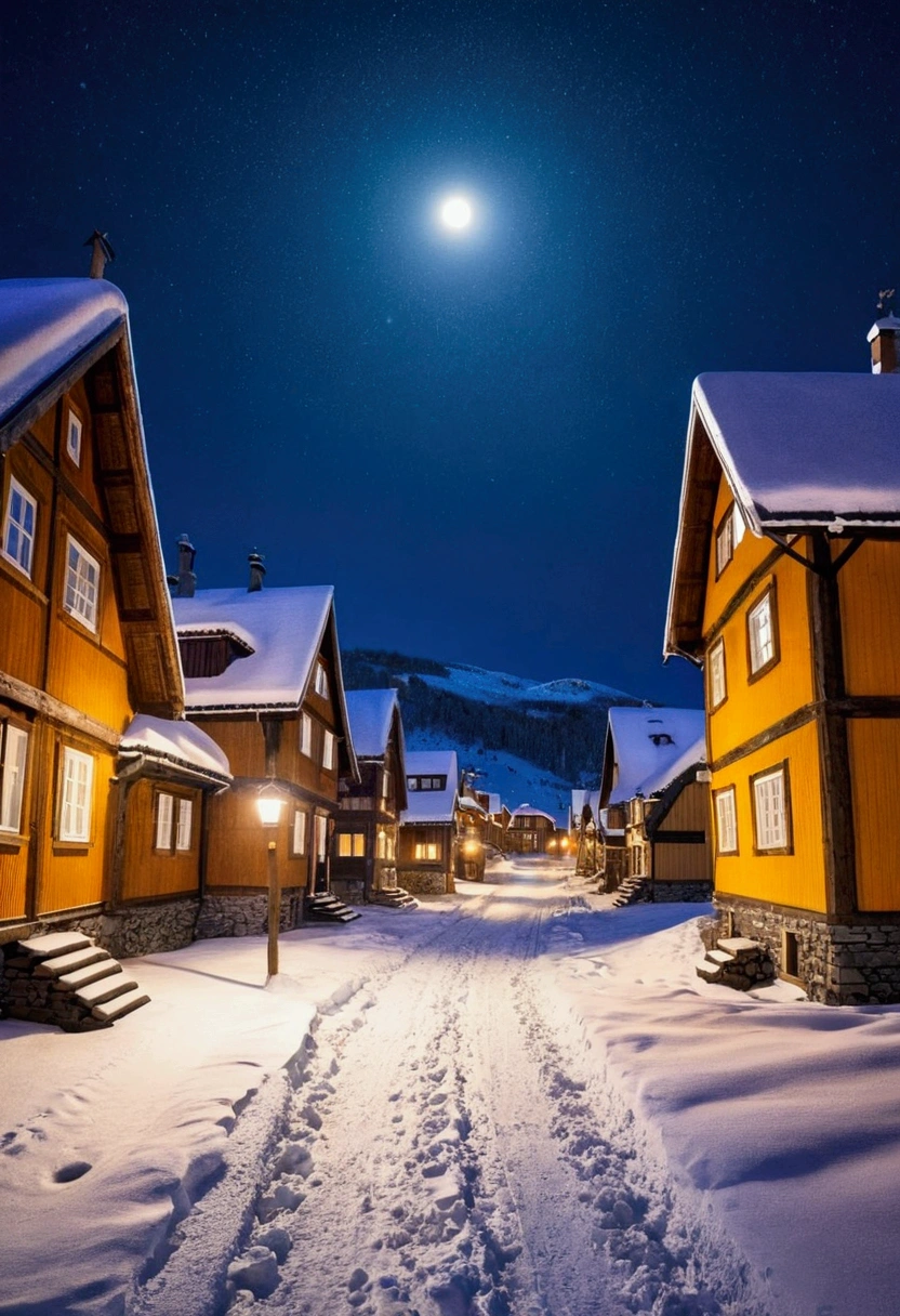 a peaceful nordic style village, during at night, with a full moon in the sky and snow falling, the streets and houses are covered in snow, with just a trail in the middle of the street, the houses are all turned off except for one in the background with bright amber lights. The entire architecture has a rustic style with the use of wood and stones