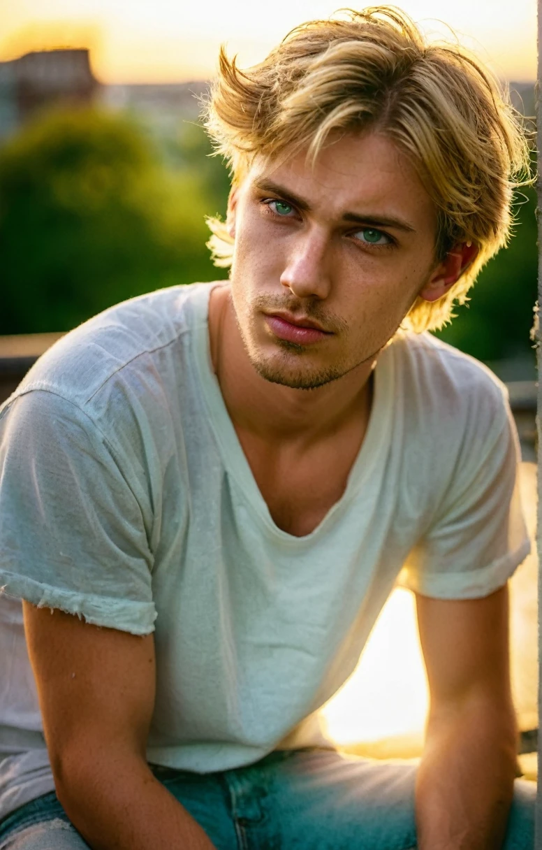 Grunge style 25 year old man,blond hair,green eyes,extremely handsome,full stubble,skin pores,glossy eyes,(short wavy hair),tight white tshirt,denim jeans,torn jeans,golden hour,sitting on the ledge of a city rooftop,Thorough,analog style,eye focus,highest quality,(highly detailed skin),perfect face,skin pores,(bokeh:0.6),sharp focus,dappled lighting,(backlighting:0.7),film grain,front view,(upper body:0.9) ., . Textured, vintage, edgy,