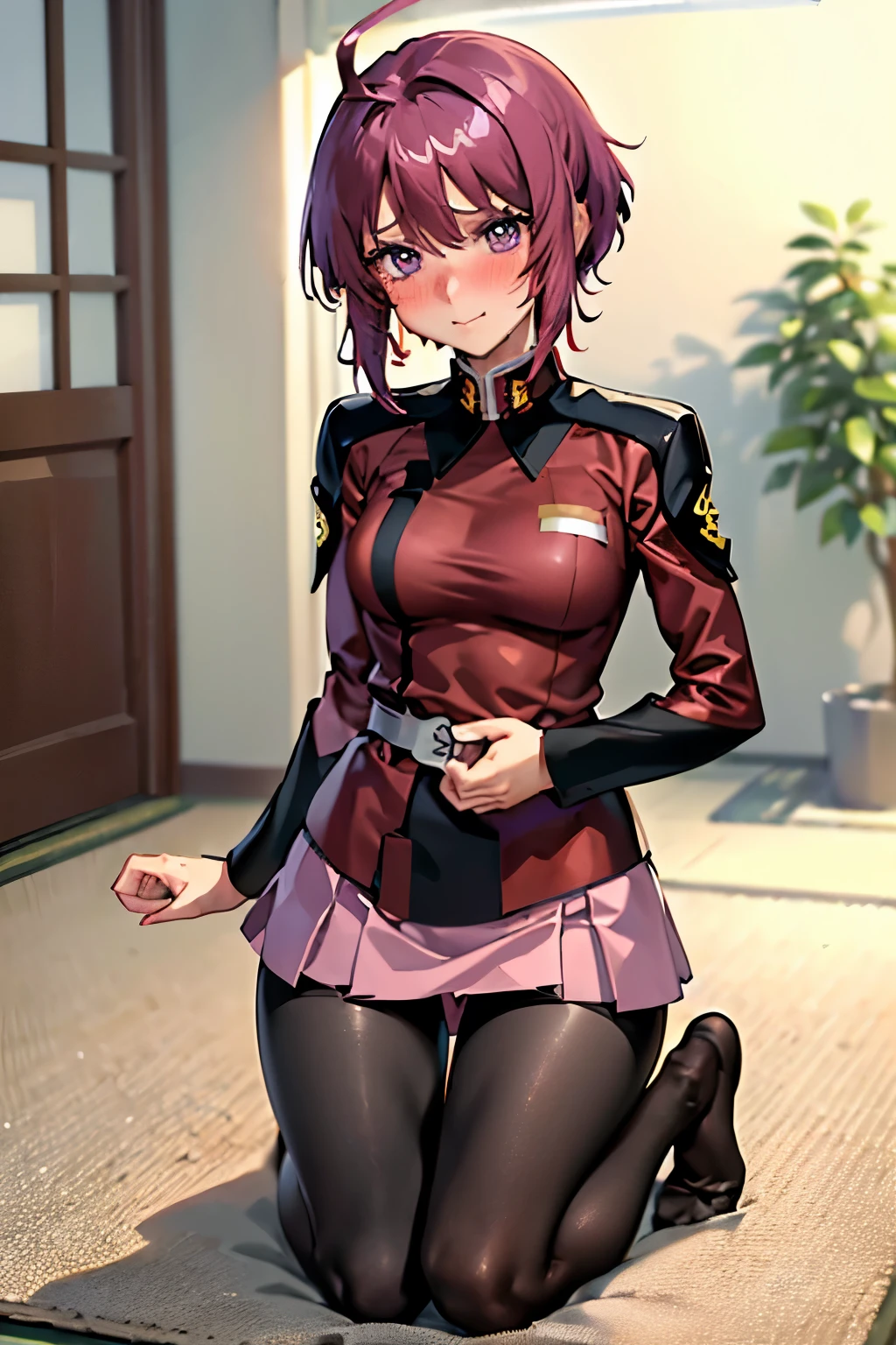 (Highest quality:1.1), (masterpiece:1.4), (Absurd:1.0),
One Girl、1girl, 独奏, short hair, ahoge, red hair, purple eyes, purple hair, pink skirt, military uniform中くらいの胸、Looking at the audience、Bedroom、(blush:1.2)、Embarrassed expression、((pantyhose))、Kneeling