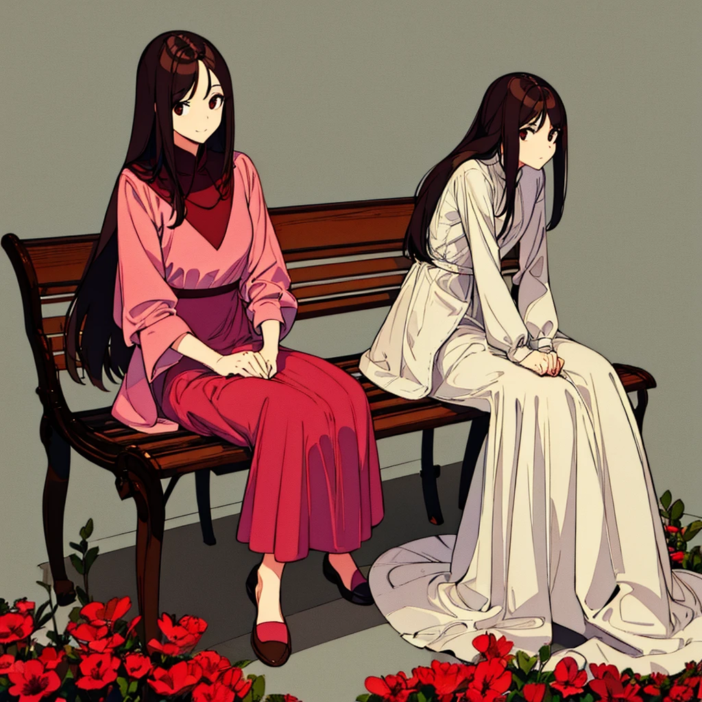 Light gray plain background Woman sitting on bench Red flower Simple Long hair Brown hair