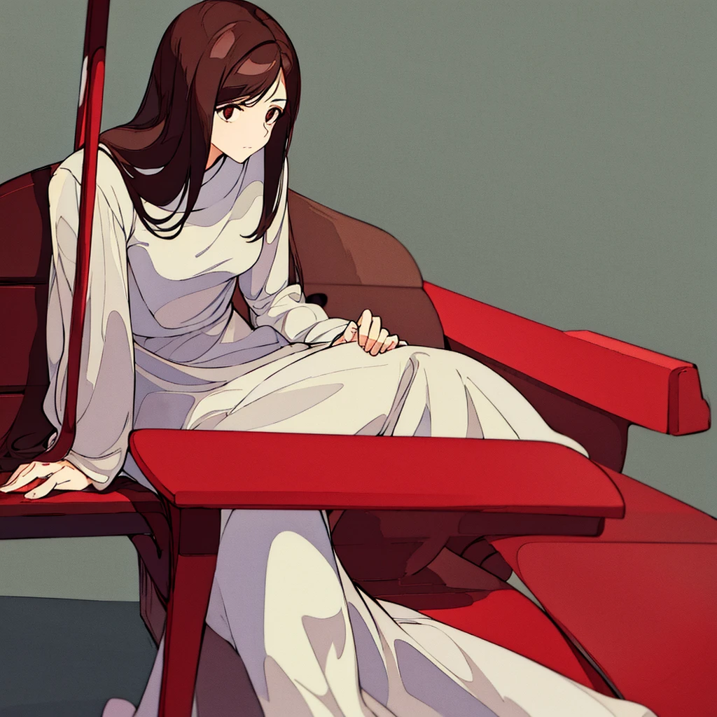 Light gray plain background Woman sitting on bench Red flower Simple Long hair Brown hair