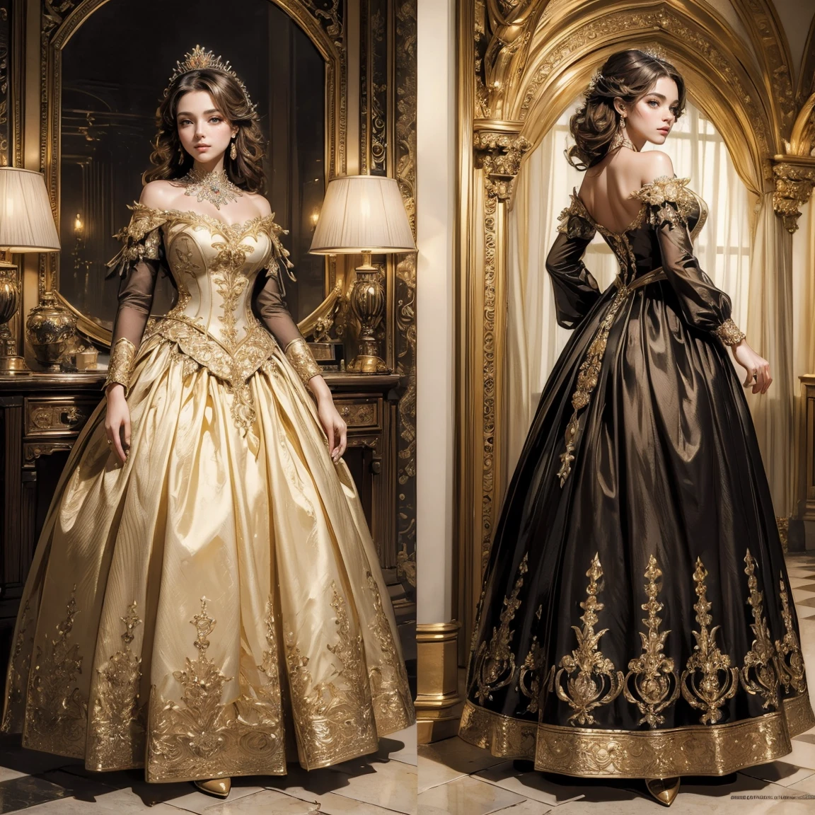 (masterpiece, highest quality:1.5), ultra detailed, high resolution, 16k, the most beautiful face in the world, highly detailed beautiful face and eyes, shiny skin, fine cloth texture, BREAK, (gorgeous and stunning princess:1.3), deeply in love, full of elegance. (full body:1.5), (three view drawing, front and back and side, character sheet:1.3)