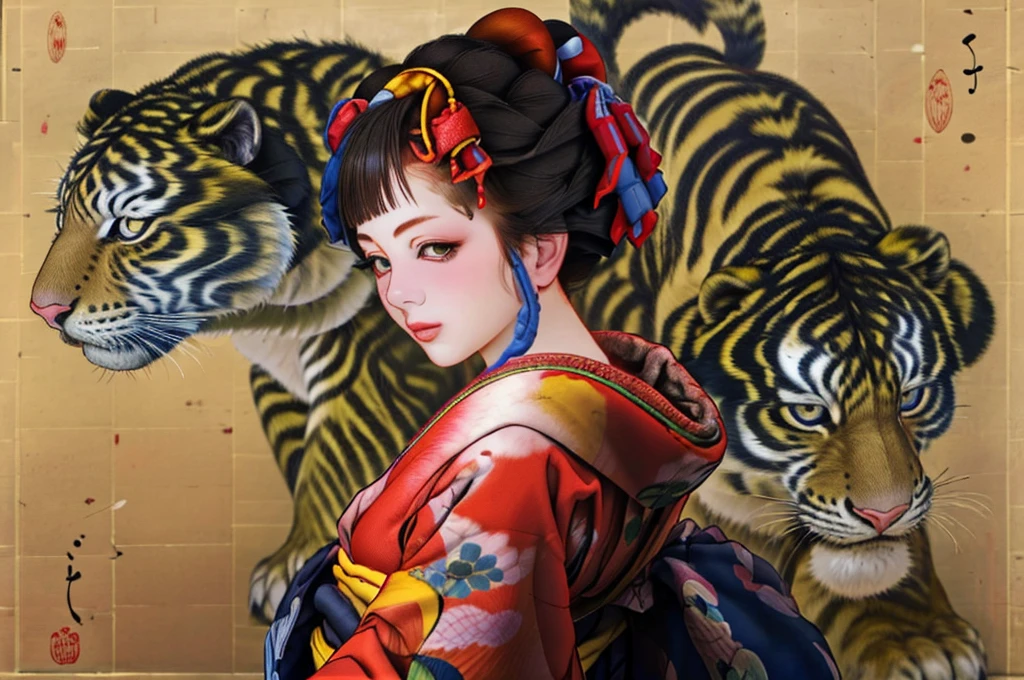 1 Girl, alone, Oiran, Maiko, country, Looking at the audience, short hair, Brown eyes, Brown Hair, Black Hair, hair ornaments, Upper Body, kimono, Blunt bangs, kimono, sash, Compensate, Bob cut hair, background with white Tiger and Chinese blue Dragon,