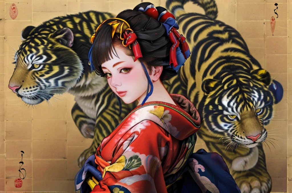 1 Girl, alone, Oiran, Maiko, country, Looking at the audience, short hair, Brown eyes, Brown Hair, Black Hair, hair ornaments, Upper Body, kimono, Blunt bangs, kimono, sash, Compensate, Bob cut hair, background with white Tiger and Chinese blue Dragon,