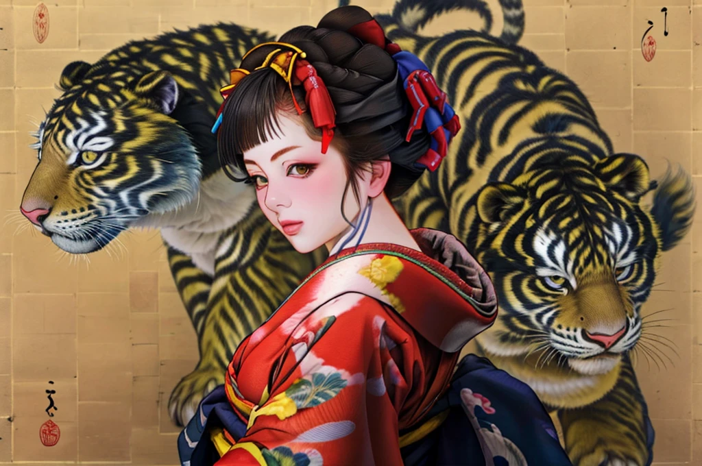 1 Girl, alone, Oiran, Maiko, country, Looking at the audience, short hair, Brown eyes, Brown Hair, Black Hair, hair ornaments, Upper Body, kimono, Blunt bangs, kimono, sash, Compensate, Bob cut hair, background with white Tiger and Chinese blue Dragon,