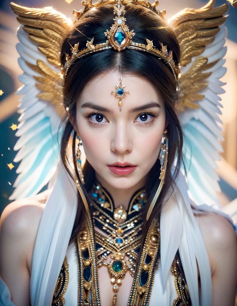 painting of a woman with wings and a crown on her head, Portrait of a Beautiful Angel, Artgerm detailed, goddess close-up portrait, Artgerm. High detail, Graphic artist Magali Villeneuve, stunning portrait of a goddess, Portrait of a beautiful goddess, Beautiful angel woman, fantasy portrait art, Artgerm julie bell beeple