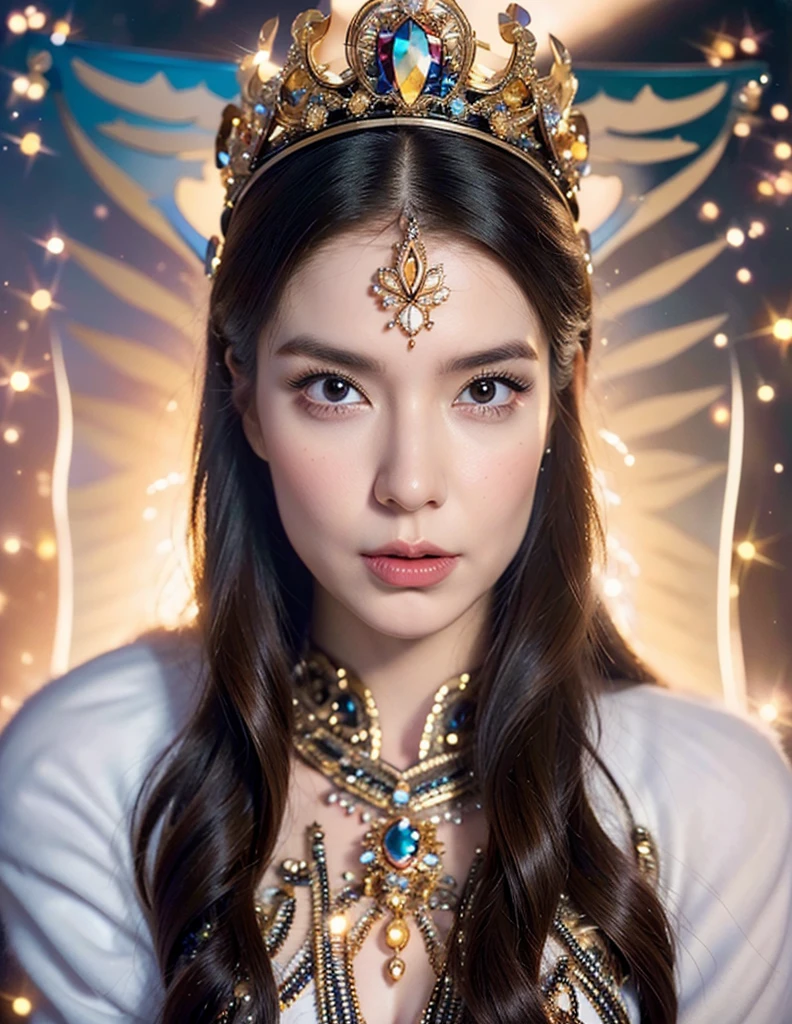 painting of a woman with wings and a crown on her head, Portrait of a Beautiful Angel, Artgerm detailed, goddess close-up portrait, Artgerm. High detail, Graphic artist Magali Villeneuve, stunning portrait of a goddess, Portrait of a beautiful goddess, Beautiful angel woman, fantasy portrait art, Artgerm julie bell beeple