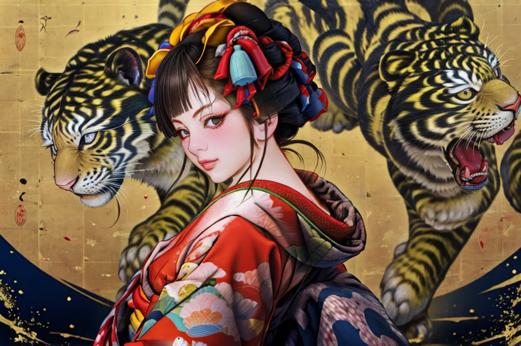 1 Girl, alone, Oiran, Maiko, country, Looking at the audience, short hair, Brown eyes, Brown Hair, Black Hair, hair ornaments, Upper Body, kimono, Blunt bangs, kimono, sash, Compensate, Bob cut hair, background with white Tiger and Chinese blue Dragon,