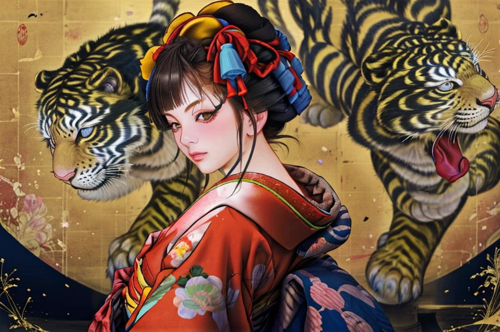 1 Girl, alone, Oiran, Maiko, country, Looking at the audience, short hair, Brown eyes, Brown Hair, Black Hair, hair ornaments, Upper Body, kimono, Blunt bangs, kimono, sash, Compensate, Bob cut hair, background with white Tiger and Chinese blue Dragon,