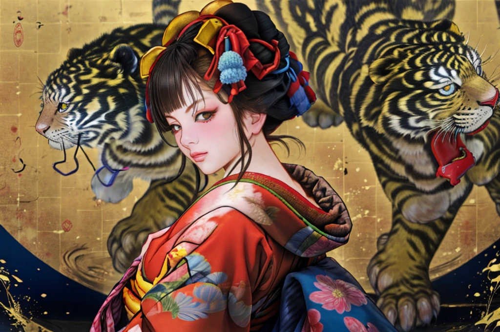 1 Girl, alone, Oiran, Maiko, country, Looking at the audience, short hair, Brown eyes, Brown Hair, Black Hair, hair ornaments, Upper Body, kimono, Blunt bangs, kimono, sash, Compensate, Bob cut hair, background with white Tiger and Chinese blue Dragon,