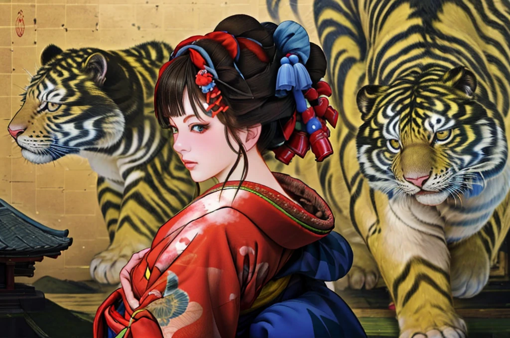 1 Girl, alone, Oiran, Maiko, country, Looking at the audience, short hair, Brown eyes, Brown Hair, Black Hair, hair ornaments, Upper Body, kimono, Blunt bangs, kimono, sash, Compensate, Bob cut hair, background with white Tiger and Chinese blue Dragon,