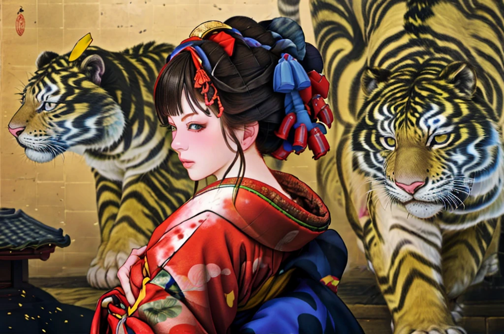 1 Girl, alone, Oiran, Maiko, country, Looking at the audience, short hair, Brown eyes, Brown Hair, Black Hair, hair ornaments, Upper Body, kimono, Blunt bangs, kimono, sash, Compensate, Bob cut hair, background with white Tiger and Chinese blue Dragon,