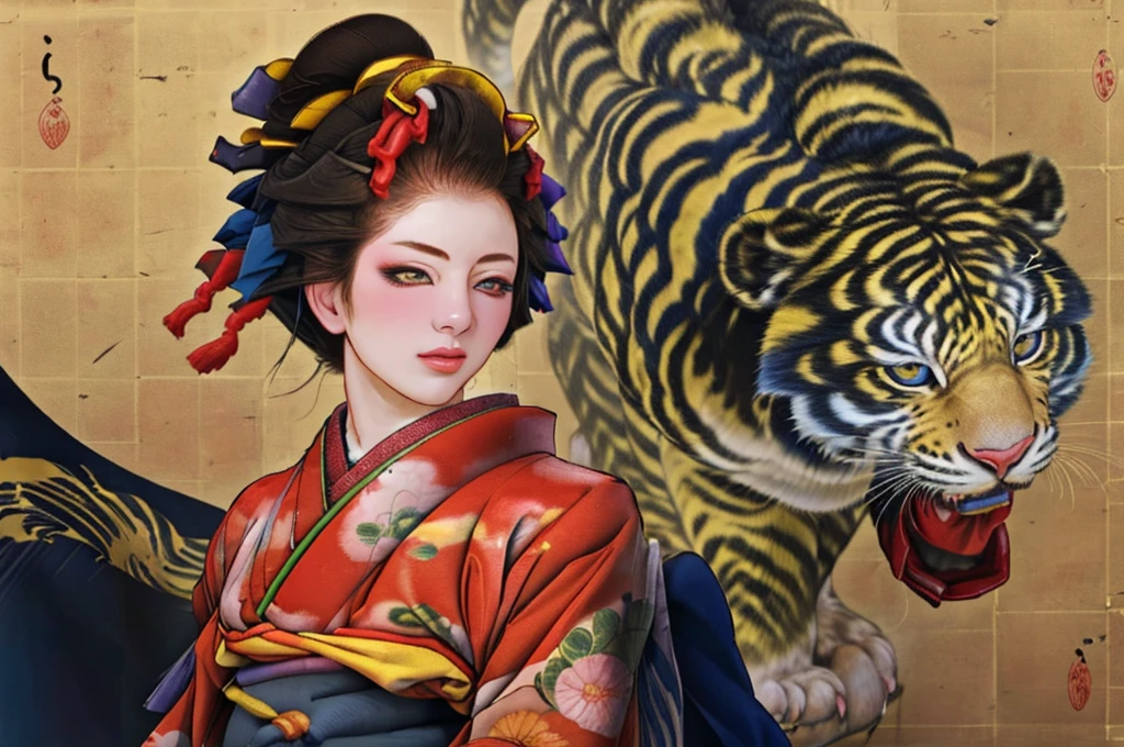 1 Girl, alone, Oiran, Maiko, country, Looking at the audience, short hair, Brown eyes, Brown Hair, Black Hair, hair ornaments, Upper Body, kimono, Blunt bangs, kimono, sash, Compensate, Bob cut hair, background with white Tiger and Chinese blue Dragon,