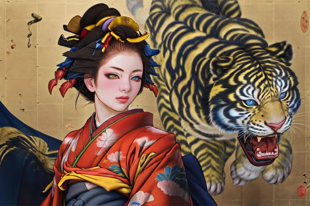 1 Girl, alone, Oiran, Maiko, country, Looking at the audience, short hair, Brown eyes, Brown Hair, Black Hair, hair ornaments, Upper Body, kimono, Blunt bangs, kimono, sash, Compensate, Bob cut hair, background with white Tiger and Chinese blue Dragon,