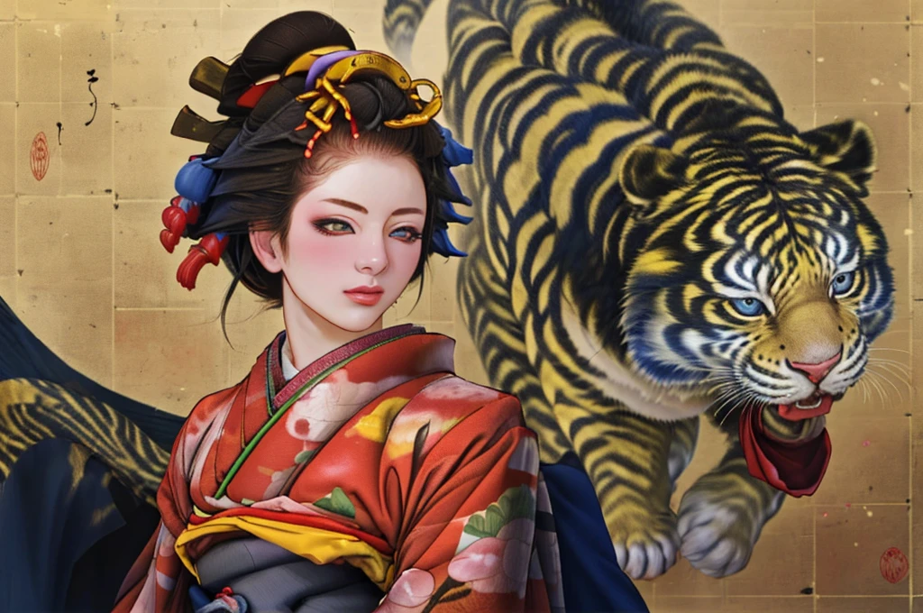 1 Girl, alone, Oiran, Maiko, country, Looking at the audience, short hair, Brown eyes, Brown Hair, Black Hair, hair ornaments, Upper Body, kimono, Blunt bangs, kimono, sash, Compensate, Bob cut hair, background with white Tiger and Chinese blue Dragon,