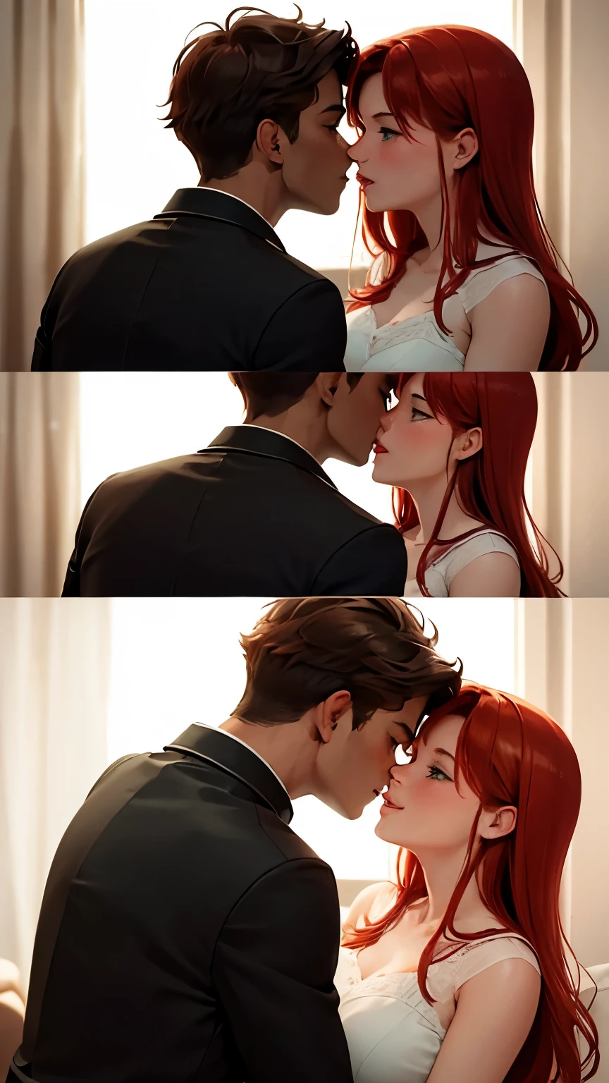 Image of a couple kissing, The girl is a redhead with green eyes and the boy is dark-skinned with brown eyes