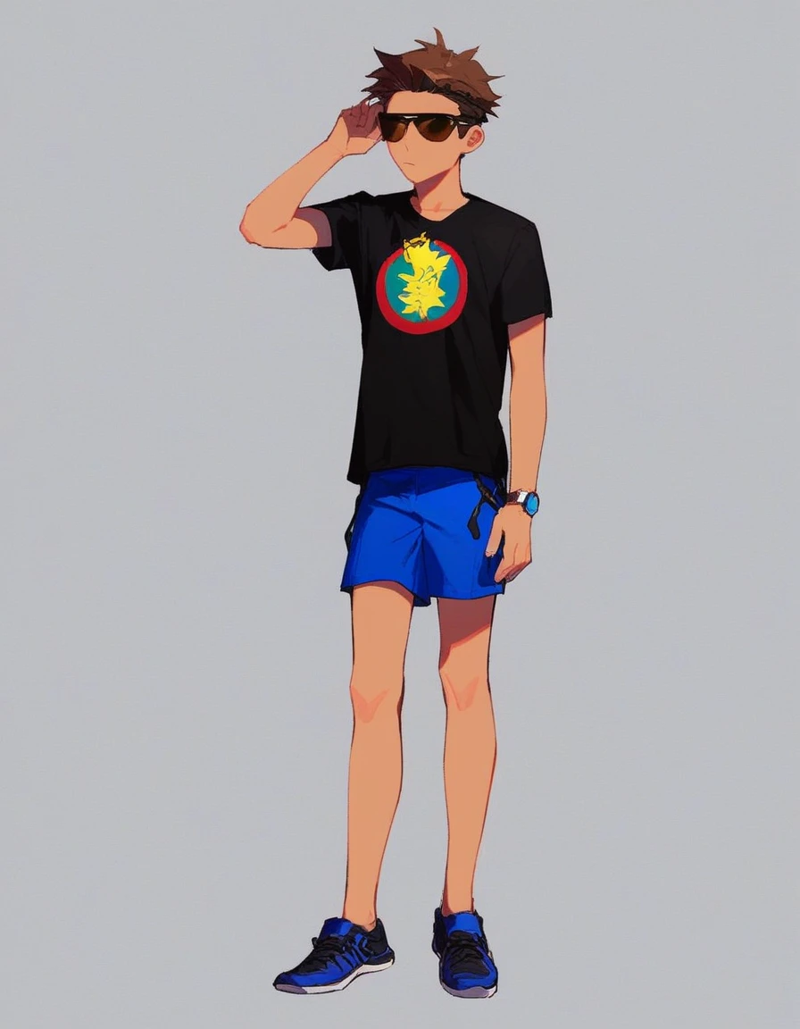 agent_cortez, solo, 1boy, simple background, full body, black shirt with a CIA badge, sunglasses, dark blue shorts, dark blue shoes, brown hair, standing