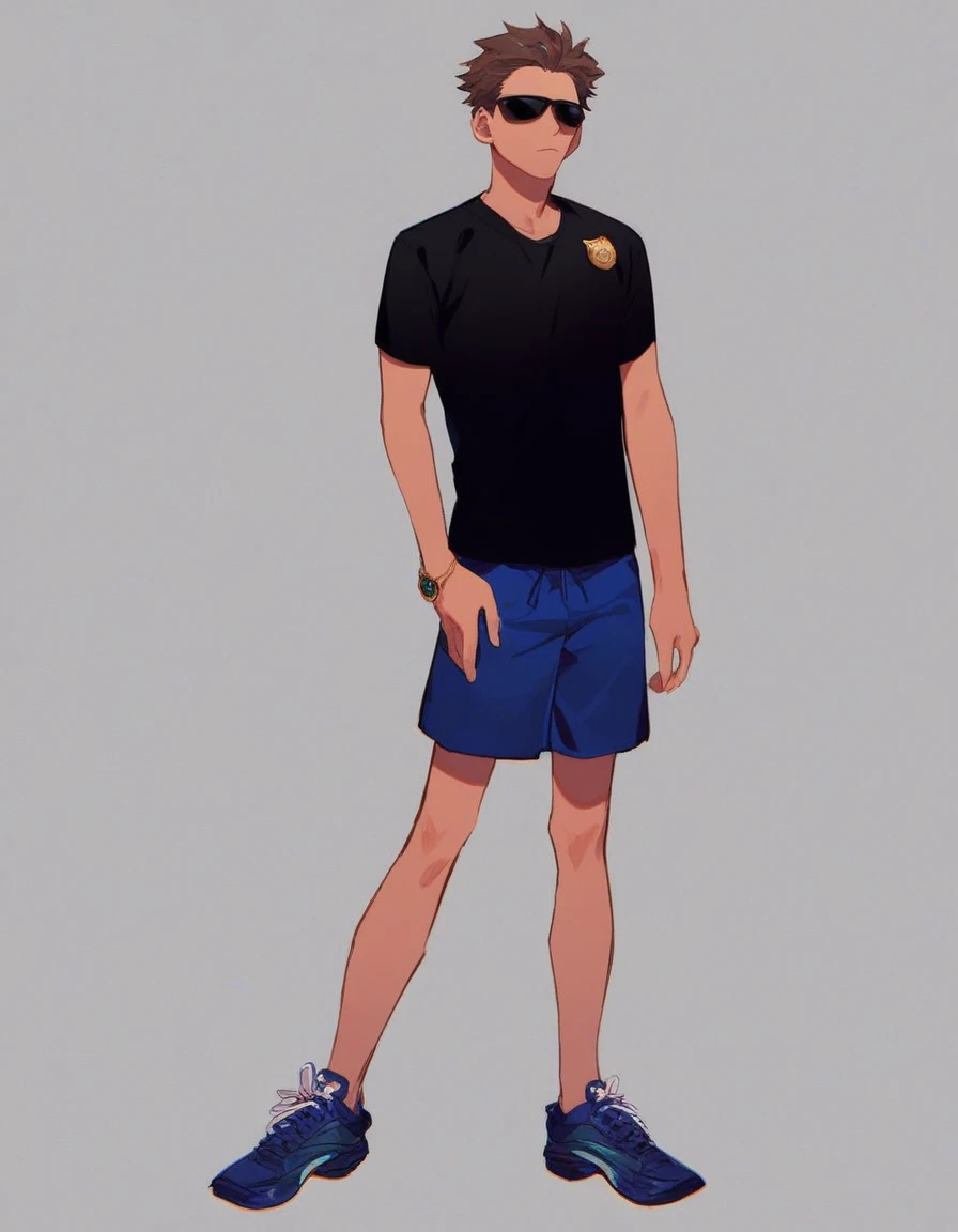 agent_cortez, solo, 1boy, simple background, full body, black shirt with a CIA badge, sunglasses, dark blue shorts, dark blue shoes, brown hair, standing
