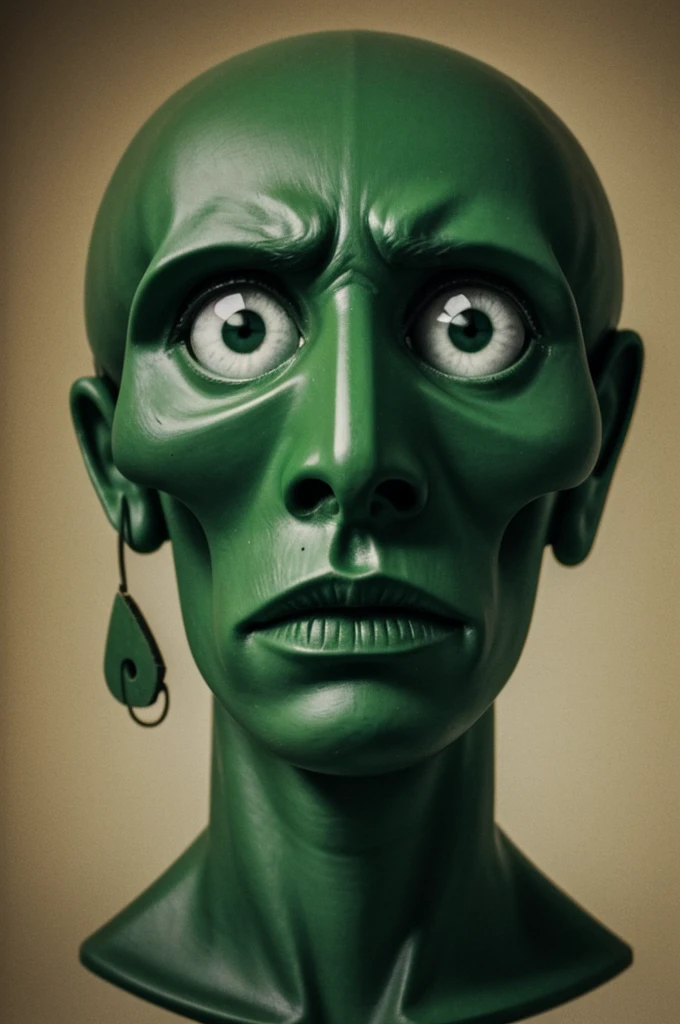 A green square mouth with empty eye sockets and a sad face