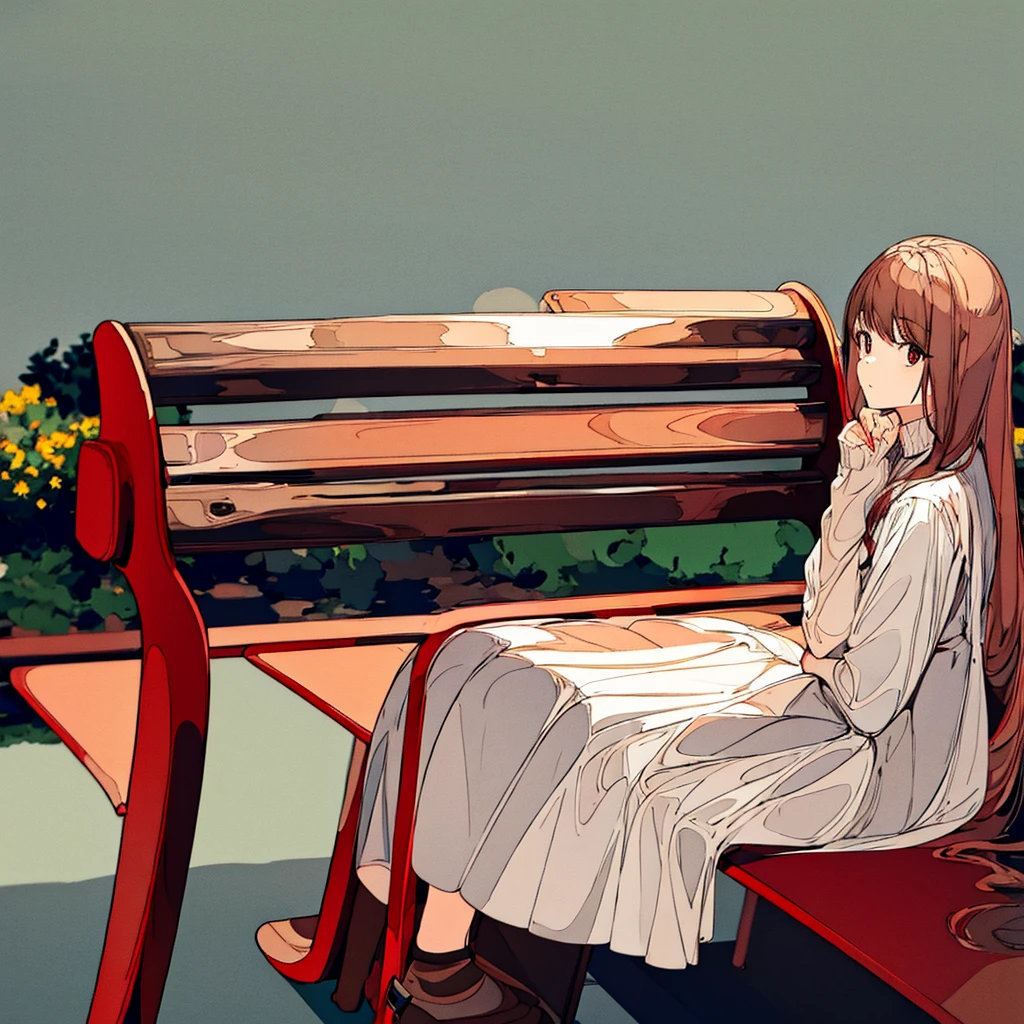 Light gray plain background Woman sitting on bench Red flower Simple Long hair Brown hair