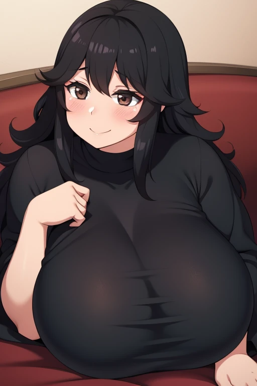 Plump year 21 big breasts black hair brown eyes happy longer hair smile blushing deredere lying covered