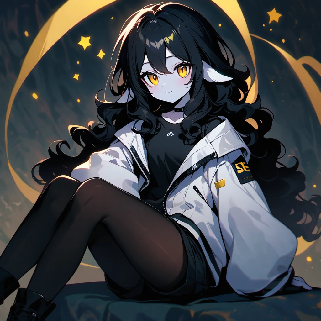 (well done: 1) woman, pale white skin, big sheep ears, curly hair down to black shoulders, yellow eyes, black choker, white jacket with black details with furry hood, black shirt underneath, shorts black, black boots, pantyhose.