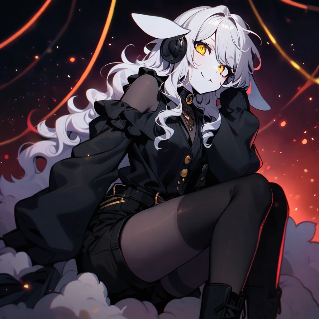 (well done: 1) woman, pale white skin, big sheep ears, curly hair down to black shoulders, yellow eyes, black choker, white jacket with black details with furry hood, black shirt underneath, shorts black, black boots, pantyhose.