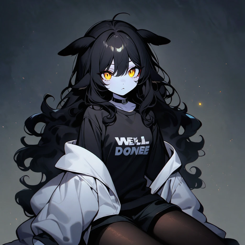  (well done: 1) woman, pale white skin, big sheep ears, curly hair down to black shoulders, yellow eyes, black choker, white jacket with black details with furry hood, black shirt underneath, shorts black, black boots, pantyhose.