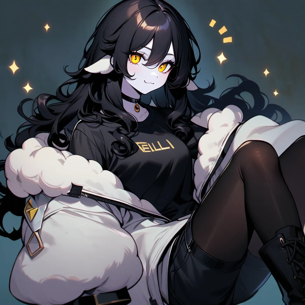 (well done: 1) woman, pale white skin, big sheep ears, curly hair down to black shoulders, yellow eyes, black choker, white jacket with black details with furry hood, black shirt underneath, shorts black, black boots, pantyhose.