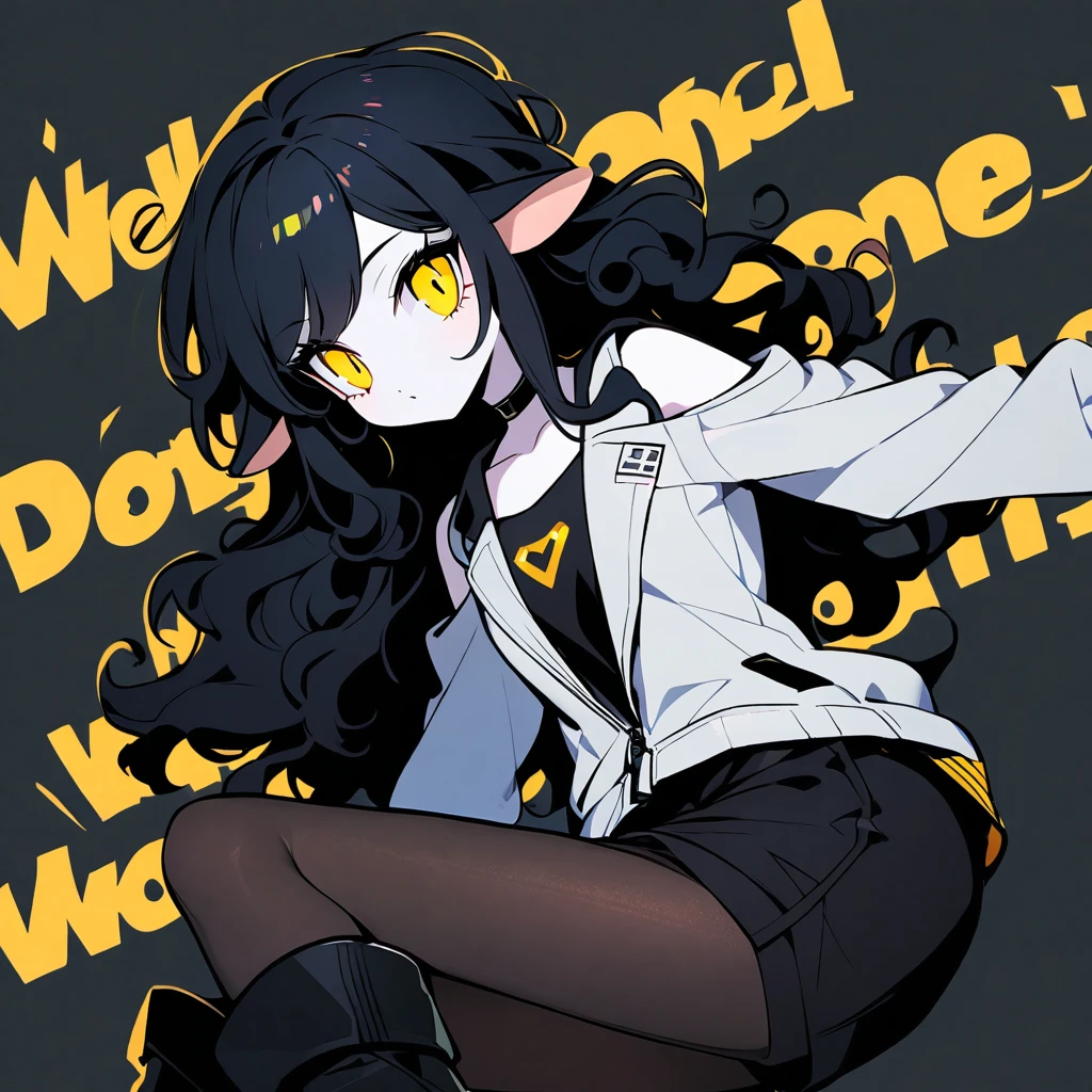 (well done: 1) woman, pale white skin, big sheep ears, curly hair down to black shoulders, yellow eyes, black choker, white jacket with black details with furry hood, black shirt underneath, shorts black, black boots, pantyhose.