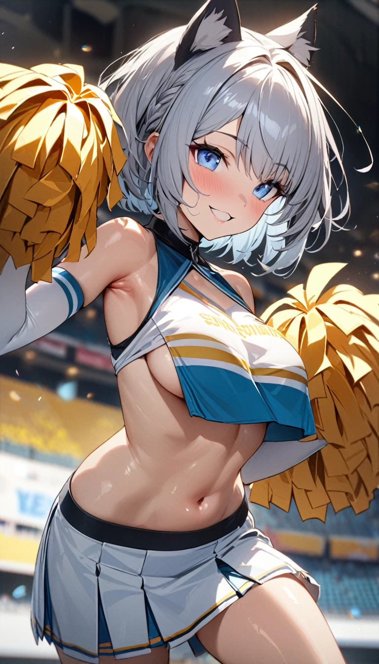 1girl、(((best quality)), ((masterpiece)), (details), masterpiece, best quality, high quality, ulutra detailed, perfect face, ((1girl, Blue eyes, cat ears: 1.3 silver bob hair: 2.5,))、Shiny Hair、Glowing Skin、smile、Lustful look、I can see your toned stomach、Sideboob、Underboob、Cheergirl Costume、Cheerleader&#39;s Skirt、Butt、((Speaking through a megaphone))、Stadium Background、smile、Sweat glistens、Cheeks are a little red、whole body、dance