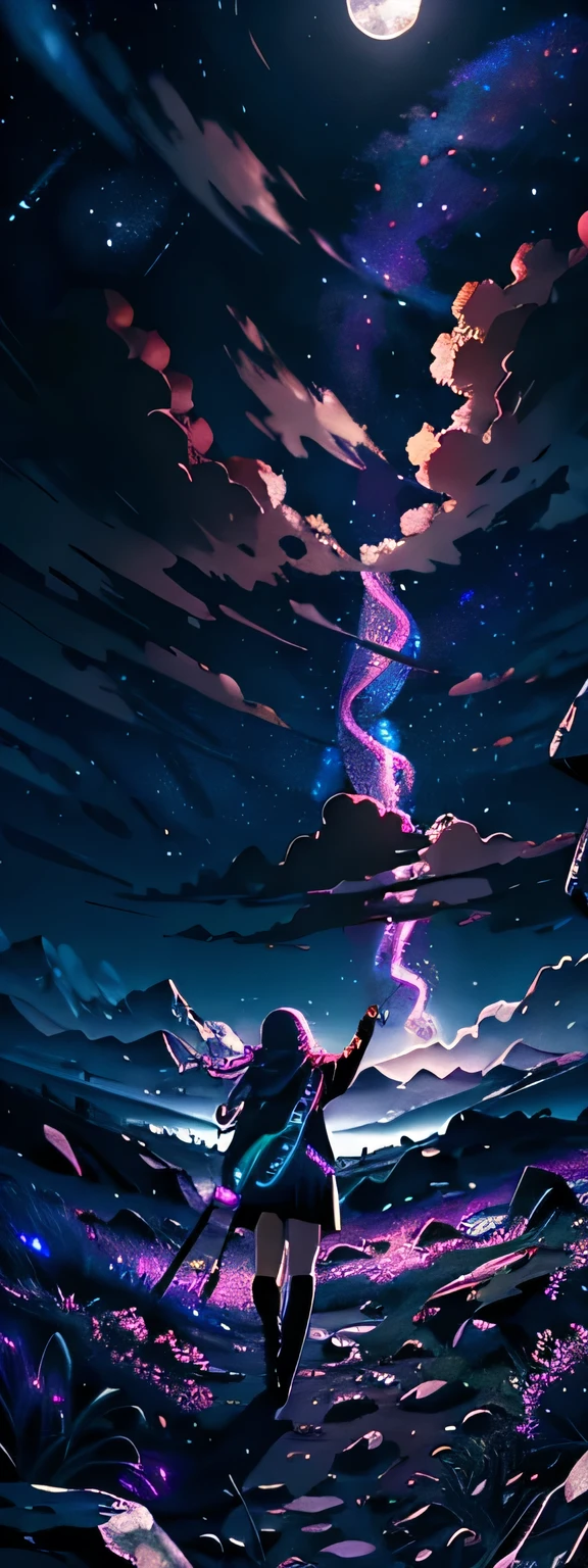 Great landscape photos (a bottom view showing the sky above and the open field below), Runaway Bad Girl leader, long black sweater, cool pink miniskirt, hair in two long pink tails, looking at the sky , front view, alone, polka dots under the eyes, heart-shaped choker. (full moon: 1.2), (shooting stars: 0.9), (nebulae:1.3), distant mountain, tree break production art, (warm light source:1.2), (firefly:1.2), apples, lots of purple and orange, Intricate details, BREAK volumetric lighting (main piece: 1.2), (Best quality), 4K, Ultra detailed, (dynamic compositions: 1.4), Highly detailed, Colorful detail, (Iridescent colors: 1.2) , (Bright lighting, Atmospheric lighting), Dreamy, Magical, (Solo: 1.2