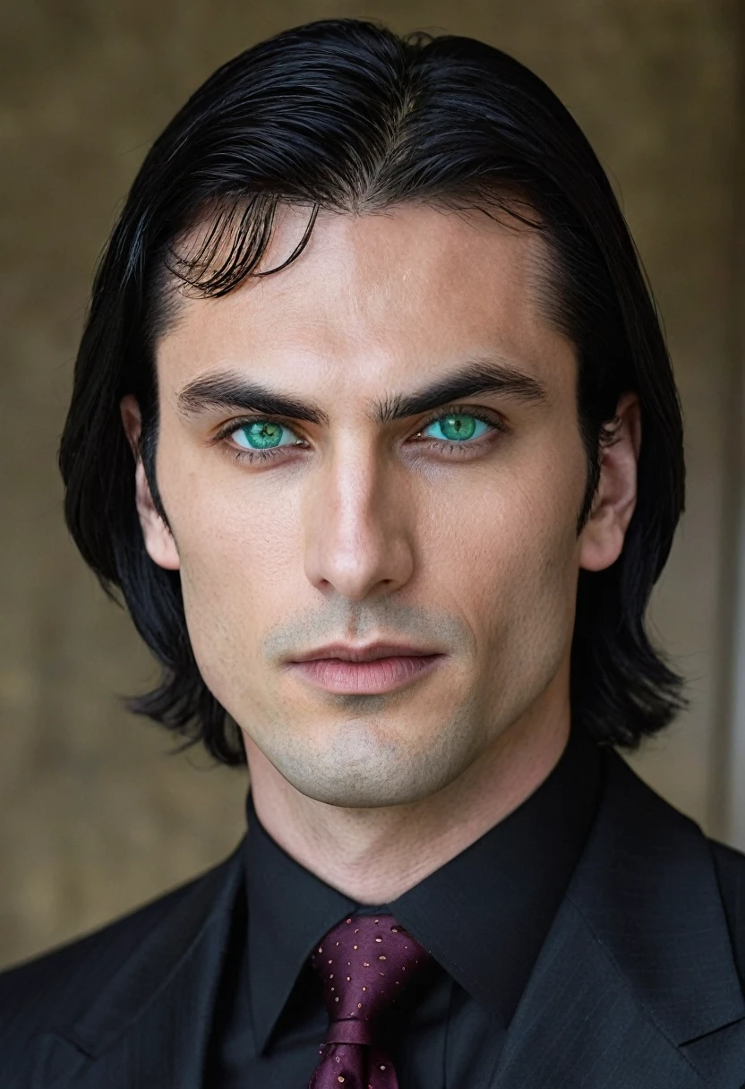 30 years old man. slightly long black hair, a subtle fringe falling across the forehead, bluish green eyes with golden dots, defined jaw, thin face, fine lips, dark and brooding expression wearing an entirely black suit, burgundy tie, Vampire appearance, he is the Ceo, virility, masculinity, European man, BUSINESSMAN, vampiresco