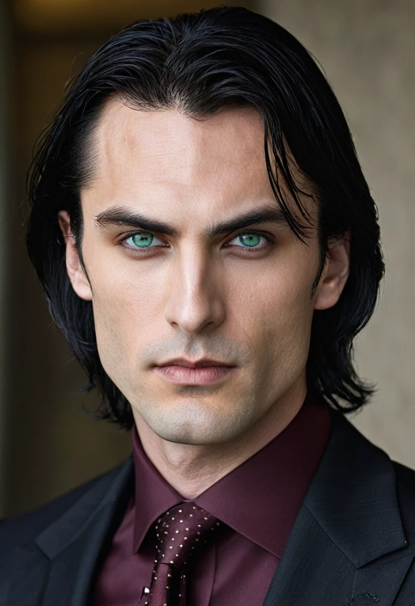 30 years old man. slightly long black hair, a subtle fringe falling across the forehead, bluish green eyes with golden dots, defined jaw, thin face, fine lips, dark and brooding expression wearing an entirely black suit, burgundy tie, Vampire appearance, he is the Ceo, virility, masculinity, European man, BUSINESSMAN, vampiresco