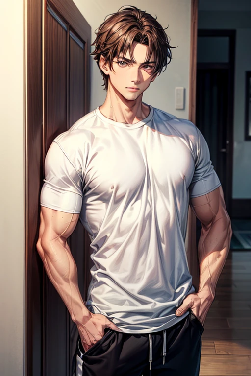 fair skin, black sweatpants, brown hair, brown eyes, semi-muscular. white shirt, hands in pockets