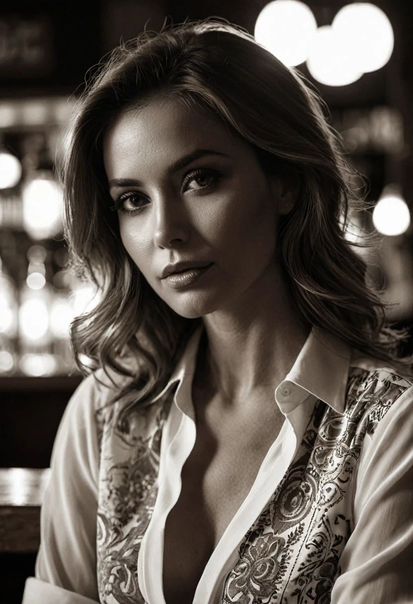 at a bar, calid lights, rock bar, beer, perfect face, nsfw, sexy blouse,  a black and white photo of a woman with shadow. , in the style of minimalist beauty, light bronze and bronze, serene faces, sharp edges, karencore, high definition, contrast shading, realism --ar 3:5 --stylize 750 --v 6. 0 --style raw
