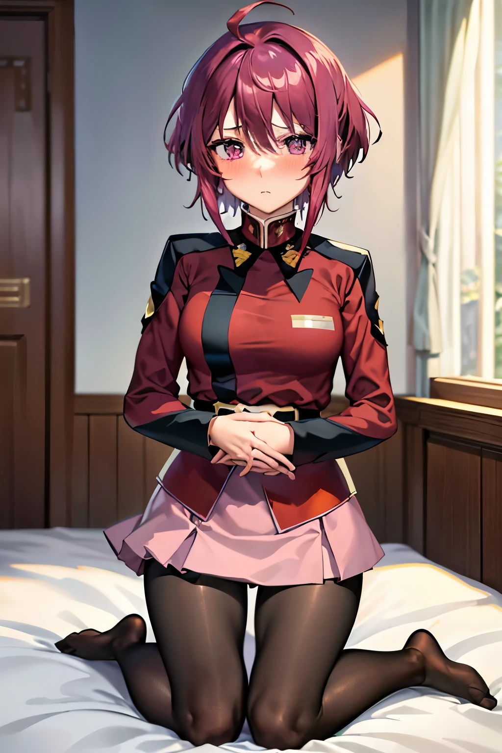 (Highest quality:1.1), (masterpiece:1.4), (Absurd:1.0),
One Girl、1girl, 独奏, short hair, ahoge, red hair, purple eyes, purple hair, pink skirt, military uniform中くらいの胸、Looking at the audience、Bedroom、(blush:1.2)、Embarrassed expression、((pantyhose))、Kneeling