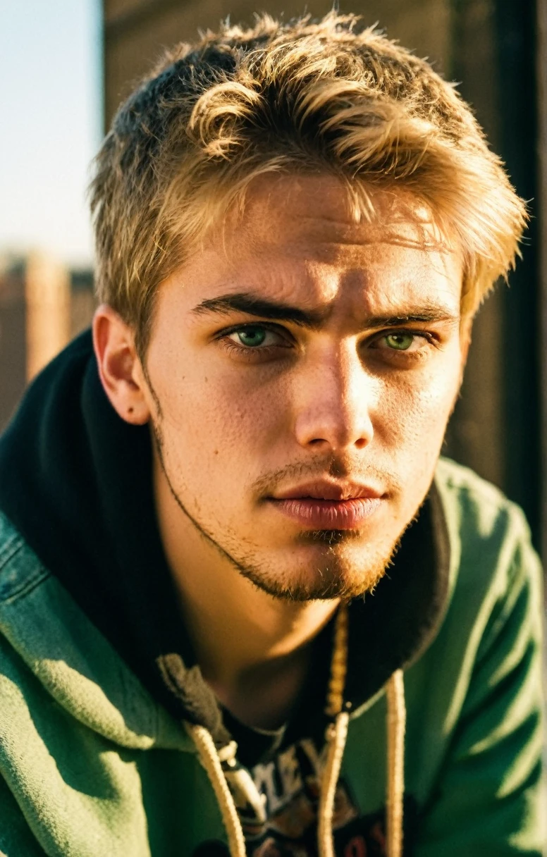 Grunge style 25 year old man,blond hair,green eyes,extremely handsome,full stubble,skin pores,glossy eyes,(short hair),black harley davidson hoodie,denim jeans,torn jeans,golden hour,sitting on the ledge of a city rooftop,Thorough,analog style,eye focus,highest quality,(highly detailed skin),perfect face,skin pores,(bokeh:0.6),sharp focus,dappled lighting,(backlighting:0.7),film grain,front view,(upper body:0.9) ., . Textured, vintage, edgy,