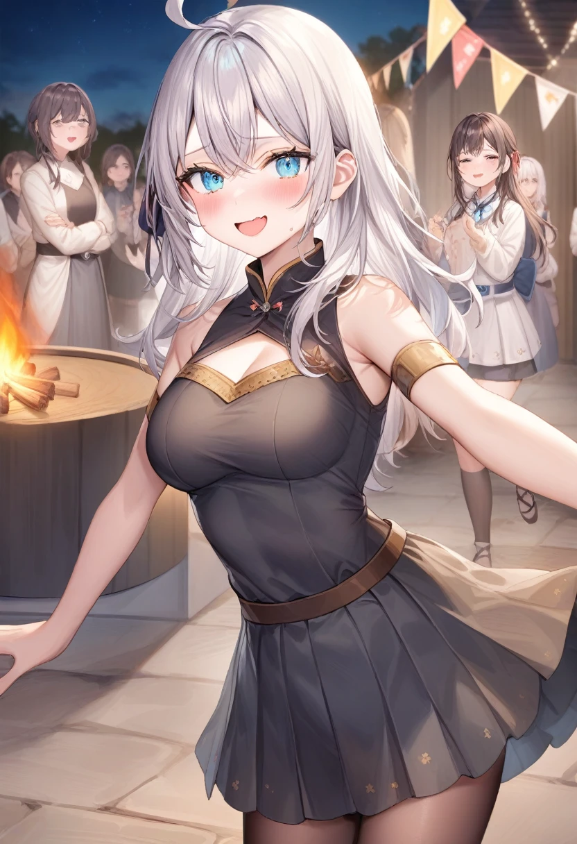 One girl, Alisa Mikhailovna Kujo,Tomorrow, my friend, Arya-san, will be visiting Russia.,alone, Long Hair, Eyebrows visible through hair, Hair between the eyes, Silver Hair, blue eyes, Medium chest, Black Uniform、A huge campfire、at night、School festival、Dancing folk dance、
View your viewers, Top quality to reach out to your audience, so beautiful,