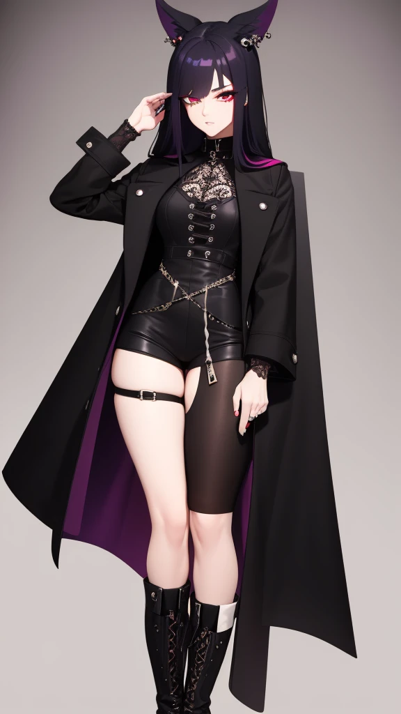 Young woman, 21 years old, full length, White background. Black hair with acid red ends. One eye is blue, Other purple. Pierced nose with ring on the left. haughty expression on his face. long black coat, lace-up boots