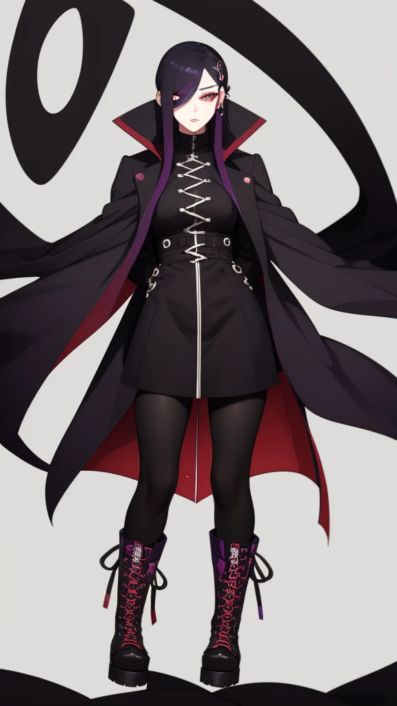 Young woman, 21 years old, full length, White background. Black hair with acid red ends. One eye is blue, Other purple. Pierced nose with ring on the left. haughty expression on his face. long black coat, lace-up boots