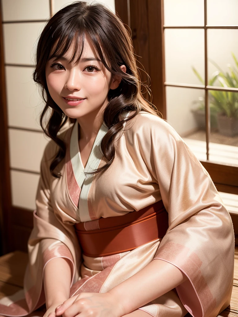best quality, face focus, (depth of field) ,ultra high res, (photorealistic:1.4), RAW photo, Japanese-style room, alcove, hanging scroll
(portrait:1.4)
1japanese girl, solo, cute, smile, (brown eyes), natural face, (midi hair), 
(kimono:1.5)

